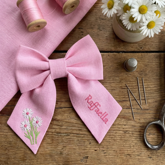 Personalised linen bow with embroidered customer name