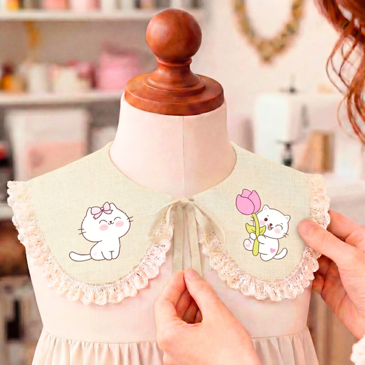 Girls' cream linen collar with kittens