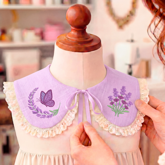 Embroidered Linen Collar for Girls – Lavender and Butterfly