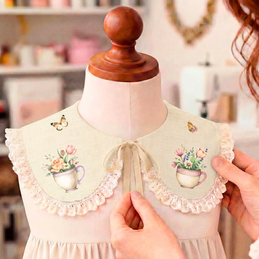 Ecru linen collar for girls with romantic floral print