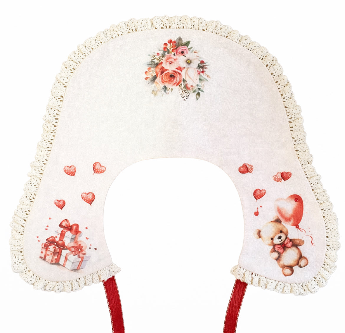 Colletto decorativo in lino beige con pizzo e stampa romantica