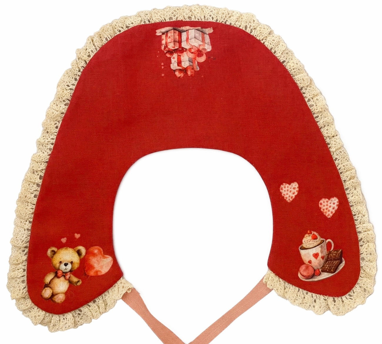 Kragen aus rotem Leinen mit Valentinstags-Teddybären und Herzen
