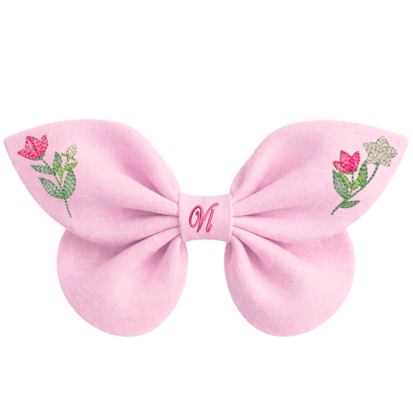Fiocco capelli bambina in lino rosa con ricamo floreale Fiori primavera