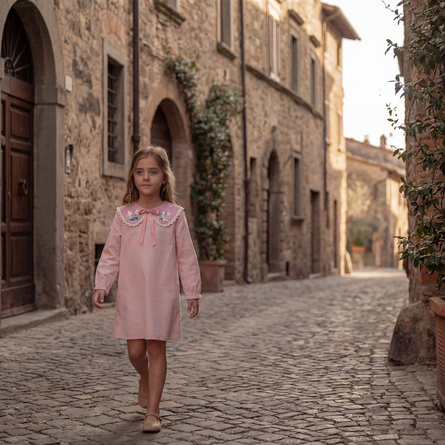 Pink linen Peter Pan collar with floral and fairytale print - handmade