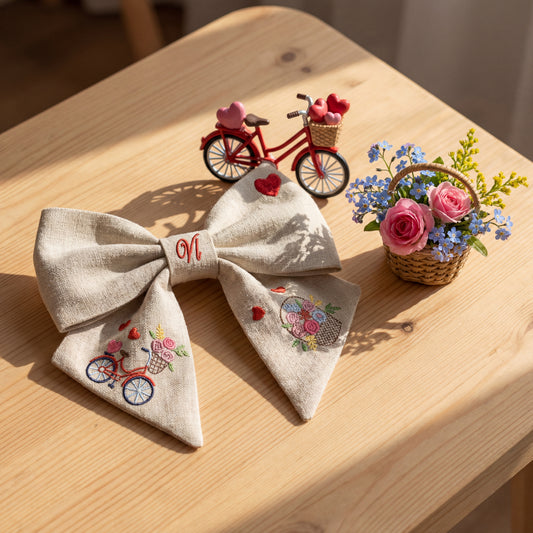 Fiocco in lino con ricamo “Bicicletta e fiori”
