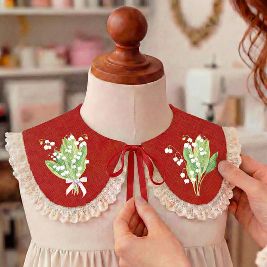 Girl's red linen collar with lily of the valley print