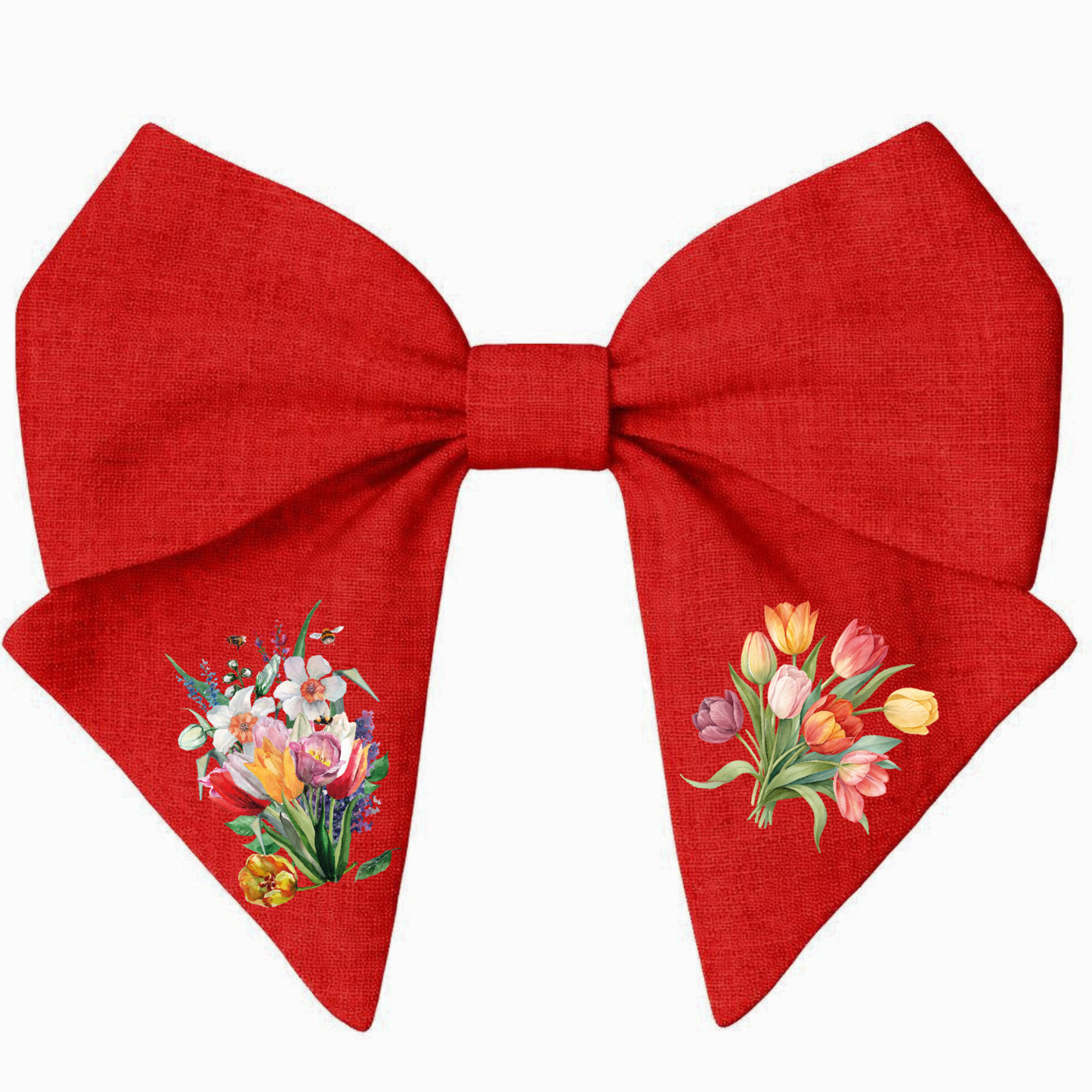 Red linen hair bow with flowers