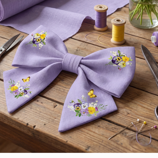 Fiocco in lino lilla con stampa floreale e farfalle