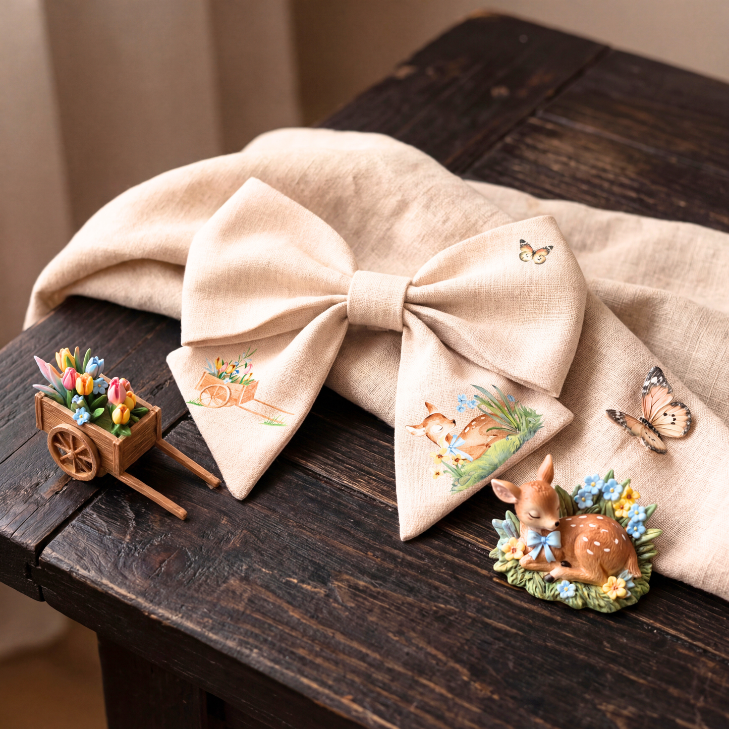 Linen hair bow for girls – beige with fawn and floral print
