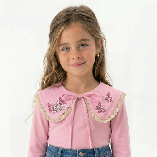 Pink Linen Decorative Collar for Girls with Butterfly Embroidery – Handmade in Italy