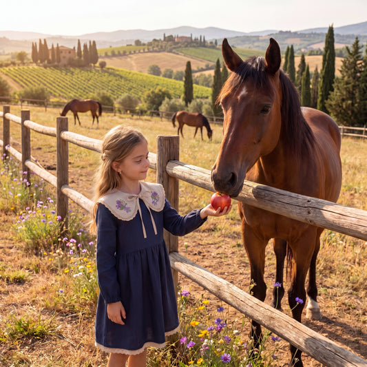 CottageCore colletto lino ricamato bambina viola pizzo TuscanCore Style
