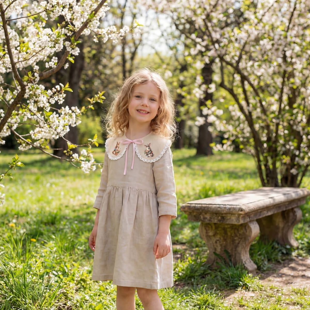 Decorative linen collar for girls with lace and Easter bunnies