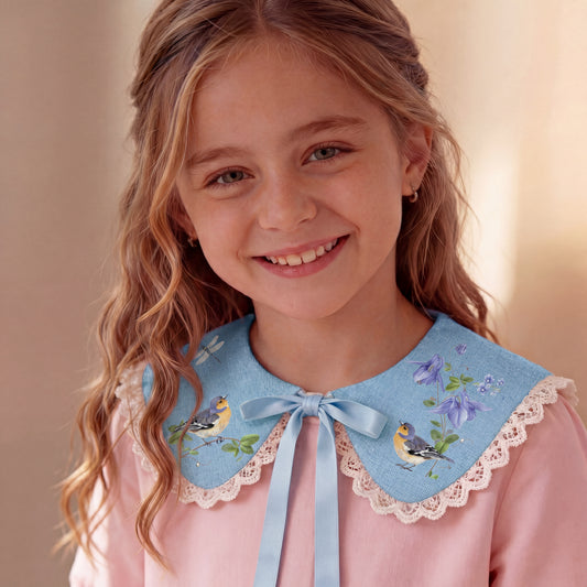 Baby girl's light blue linen collar with birds and flowers
