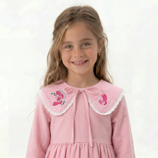 Pink linen collar with butterfly embroidery – VIADALINNO decorative collar for girls