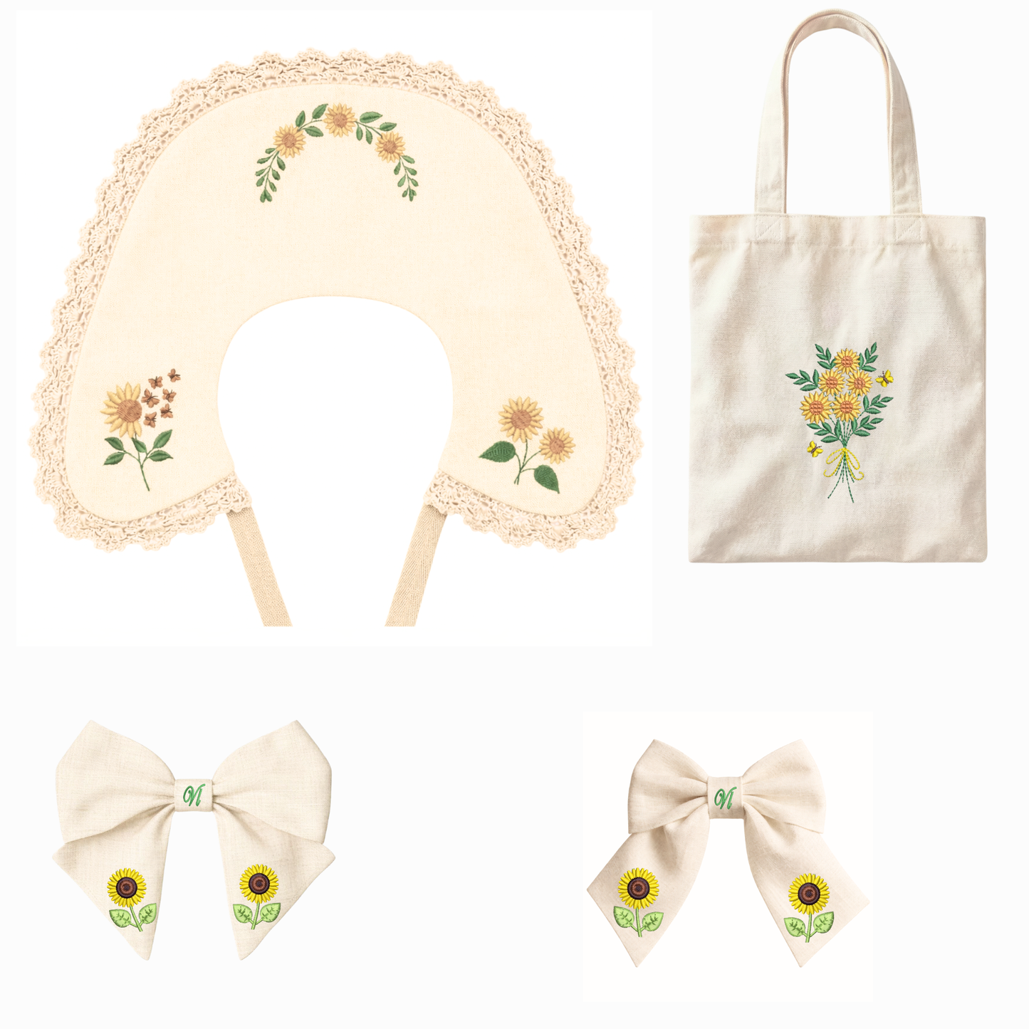 Komplettes Set für Mädchen aus Naturleinen – bestickter Kragen, Shopper und 2 Schleifen mit Sonnenblumen, handgefertigt in Italien